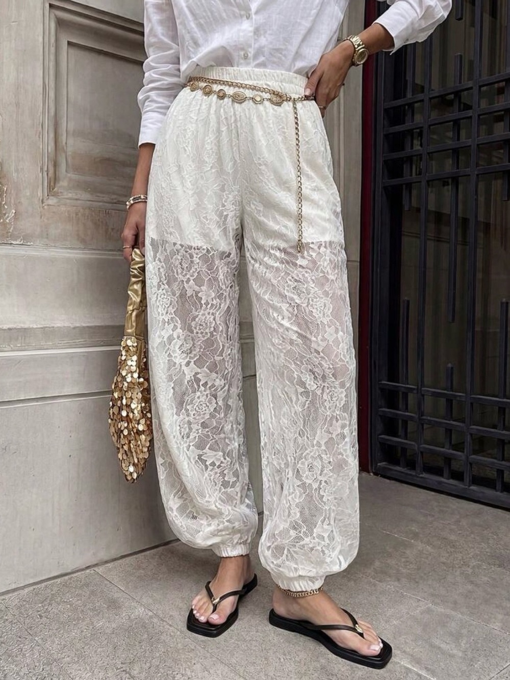 NEW W/ TAGS! Women's Boho White Lace Sheer Jogger Harem Bubble Hem Pants, L